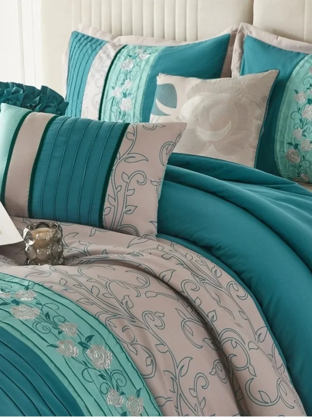 Teal and Cream Decorative Comforter Set - Elegant Home Bedding